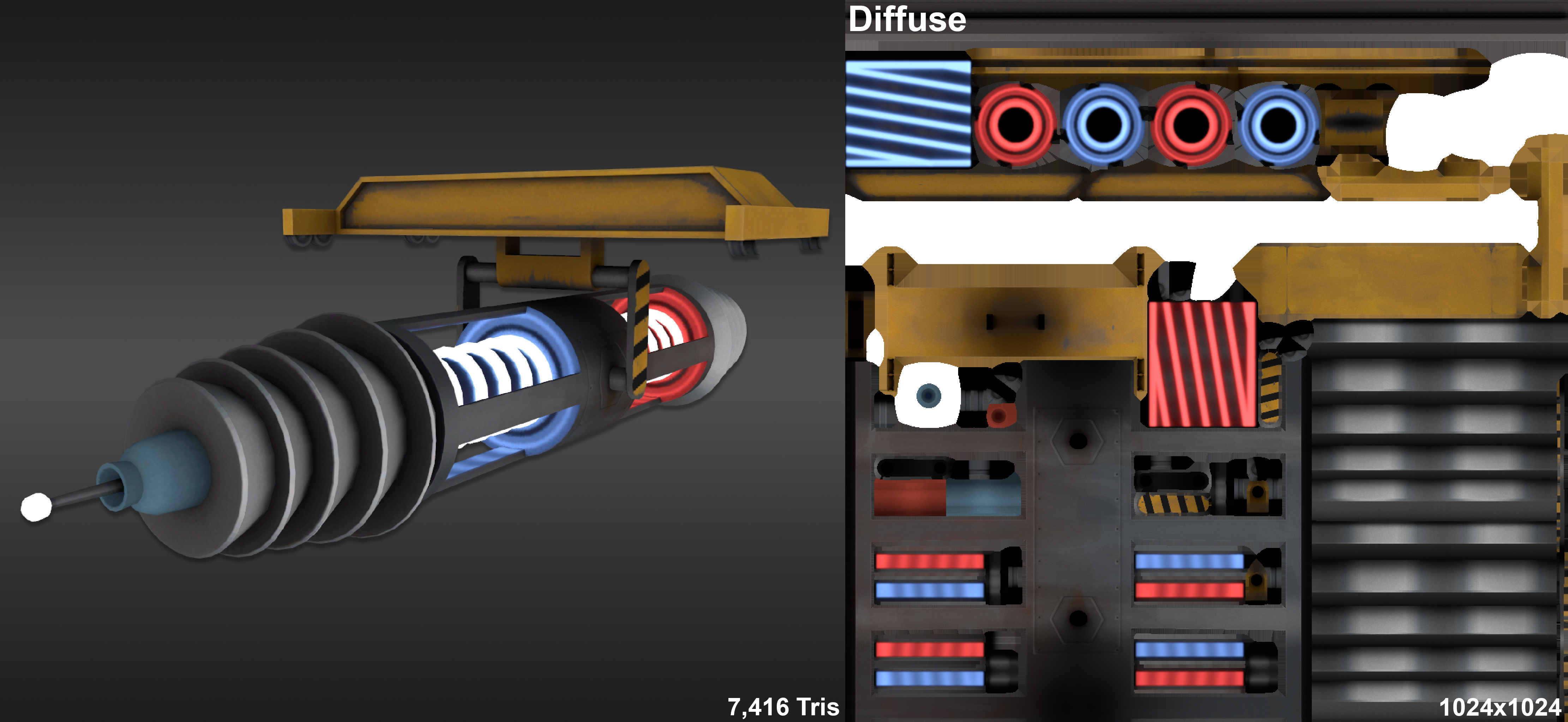 A image featuring the model stats and texture map for the CTF Cloister Laser. A very large duel laser thats pointing opposite directions mounted under a overhead crane. The total amount of tris is 7,416. The material features a single diffuse map and has a resolution of 1024x1024