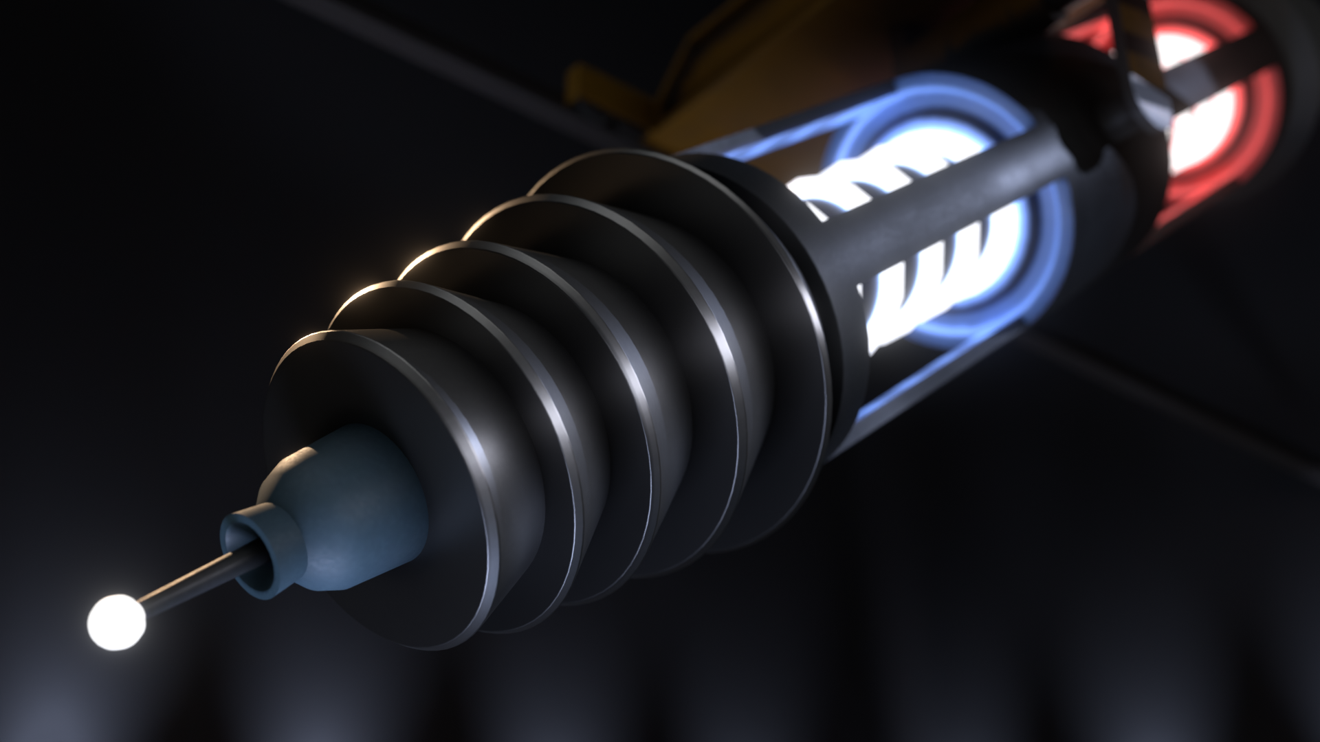 A render of the Cloister Laser in a ominously lit room