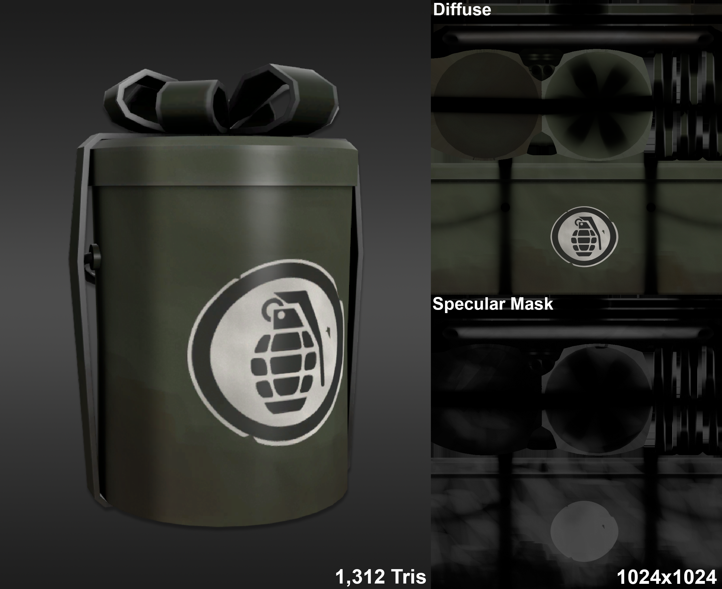 A image featuring the model stats and texture maps for the grenade pack. A small cylinder shaped present. The mesh has 1,312 tris and the material features a diffuse and specular map and both textures has a resolution of 1024x1024