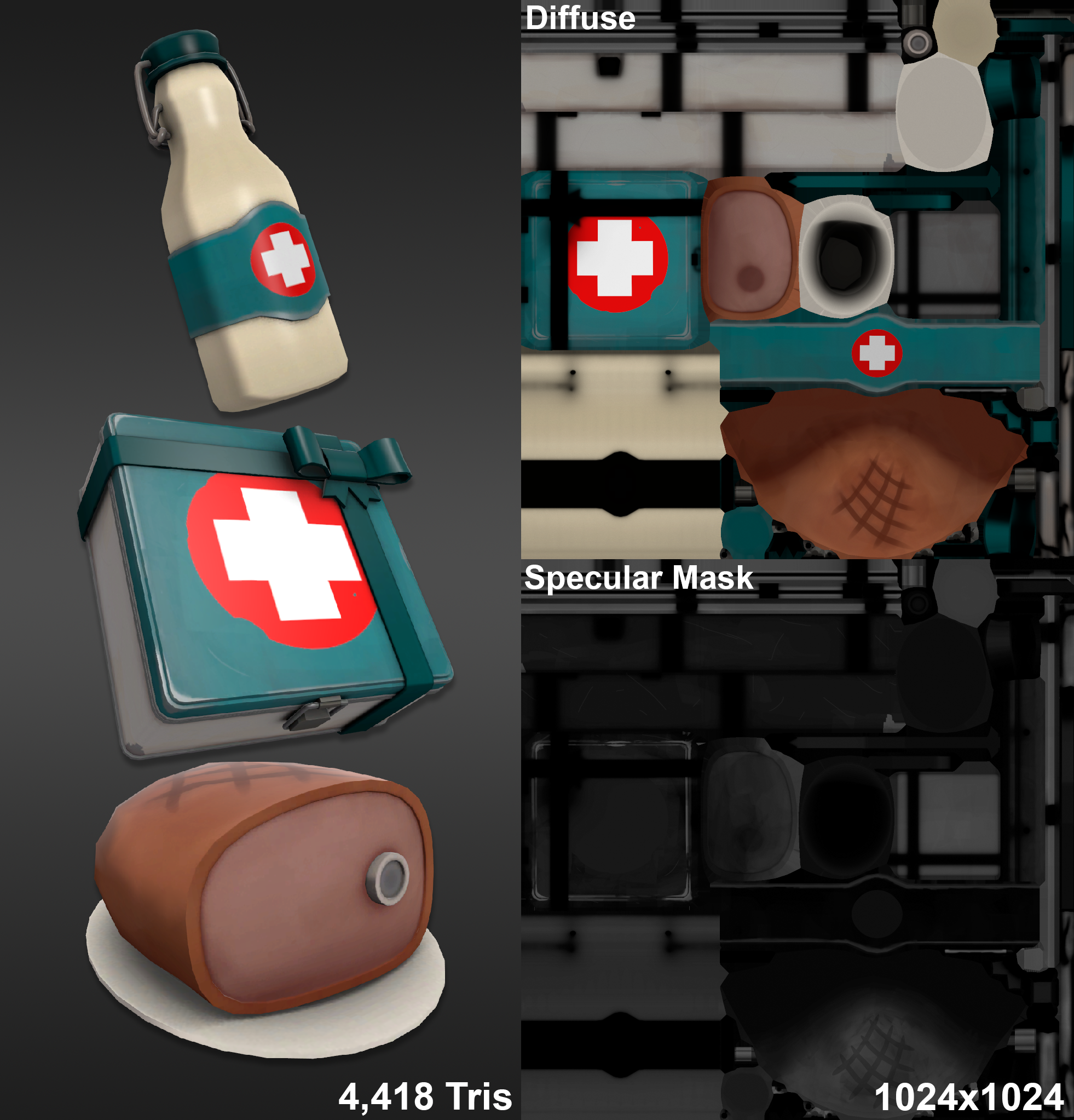 A image featuring the model stats and texture maps for the small, medium, and large medkits. A glass bottle of eggnog, a tin box of cookies, and ham. The total amount of tris for all 3 meshes is 4,418. All of the meshes uses a single material. The material features a diffuse and specular map and both textures has a resolution of 1024x1024