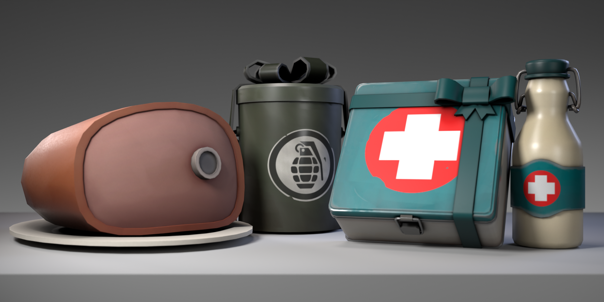 A render of all 4 item pickups in a studio like environment